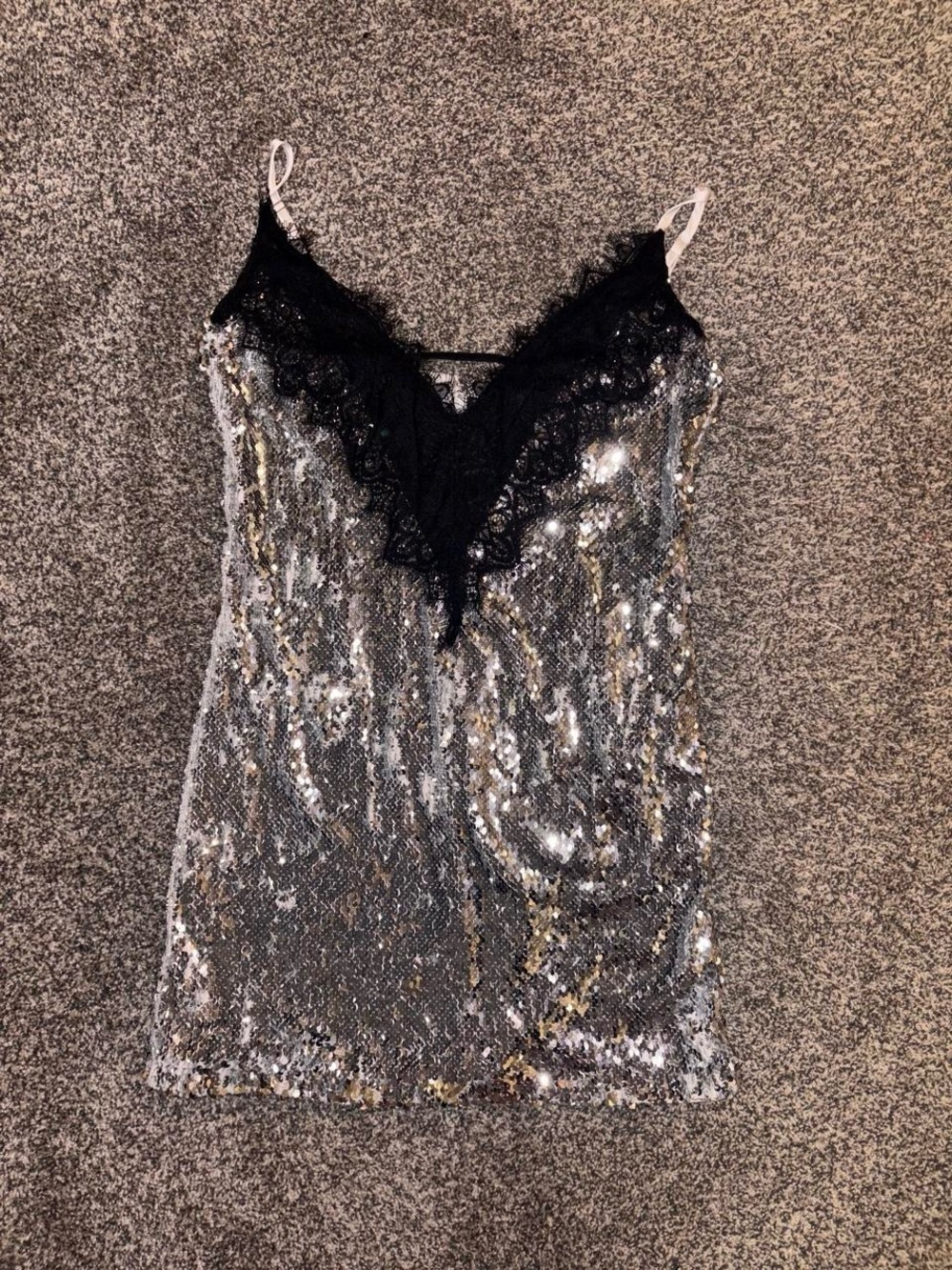 Silver sequin mini dress with black lace trim